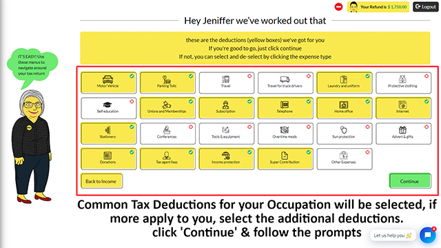Your expense summary inside Gotax Online's tax return highlights the common tax deductions you can claim for your occupation